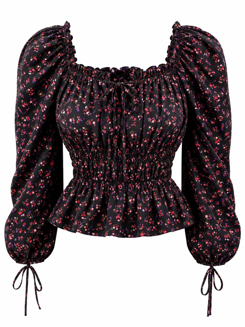 Topshop Black Smocked Blouse with Red Pink Floral Print